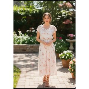 American Rag Floral Ruffle Midi Dress Cream Pink Smocked Waist Flutter Sleeve M